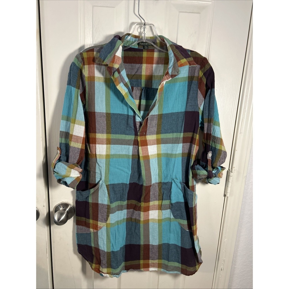 For‎ Cynthia Plaid Cotton Tunic Long Sleeve Blouse Womens Size Small